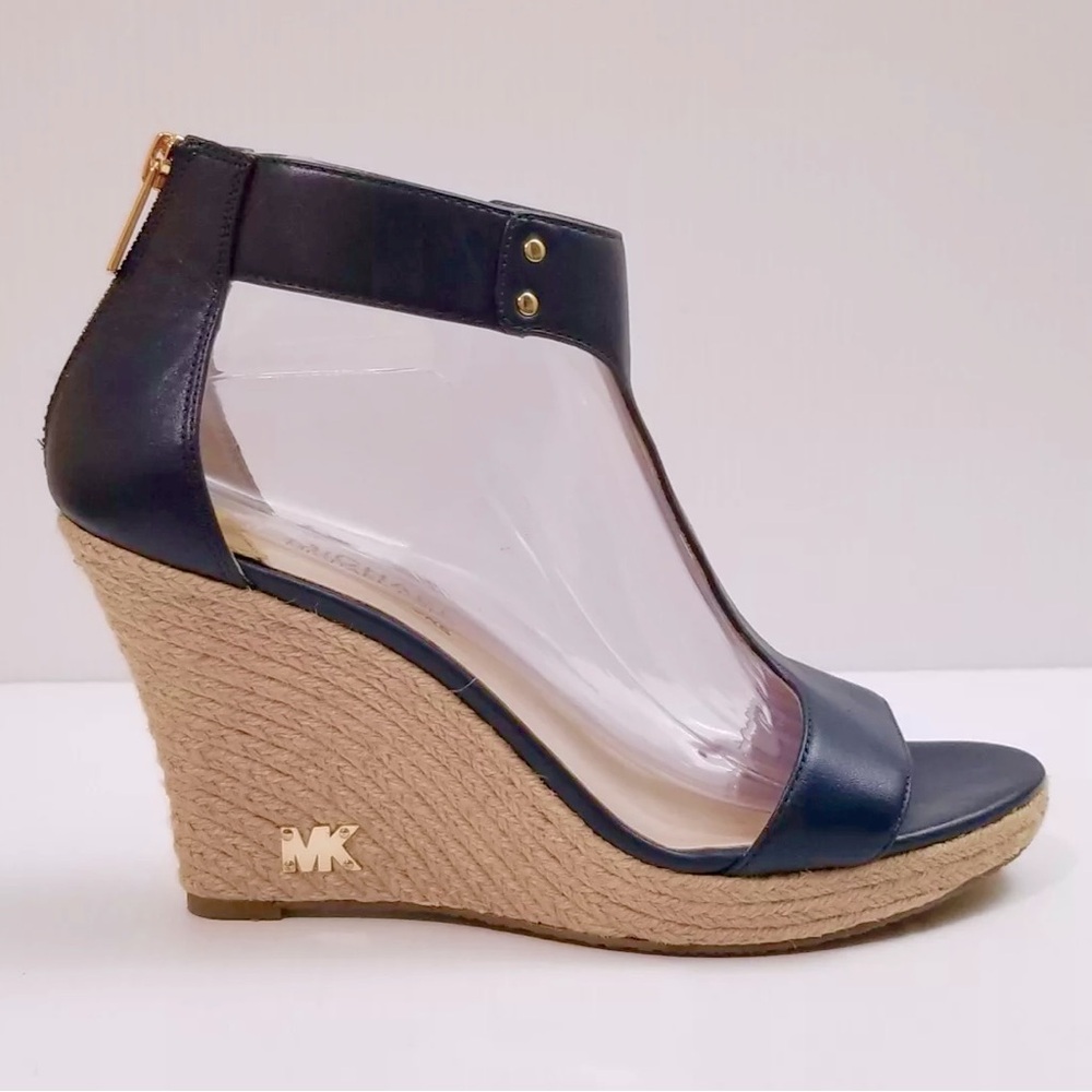 Michael Kors Wedge 4” Heel T-Strap Espadrille, Navy Blue, Leather Upper, 7 1/2
